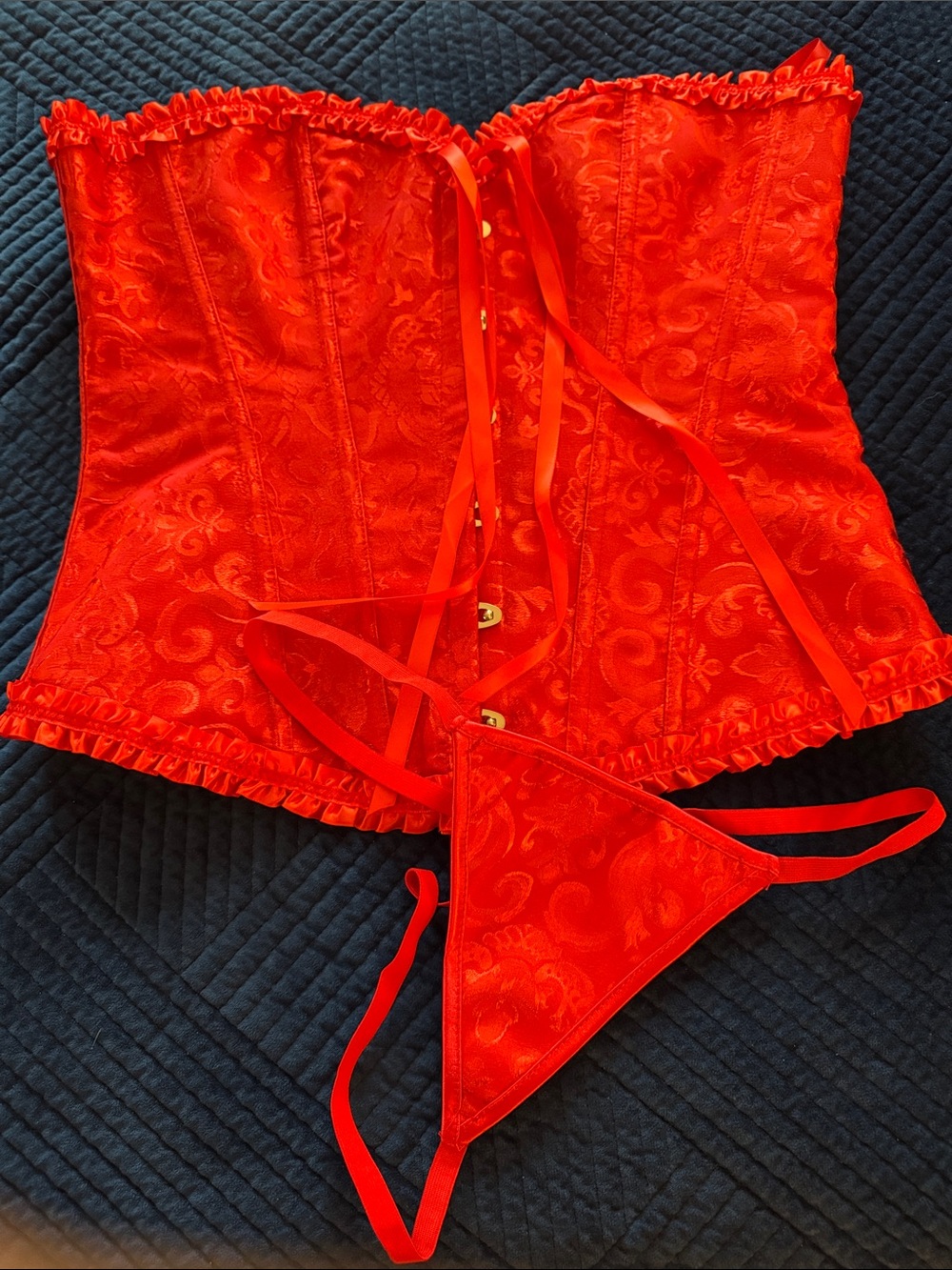 Red Satin Lace-Up Corset Set - Women Intimates & Sleepwear